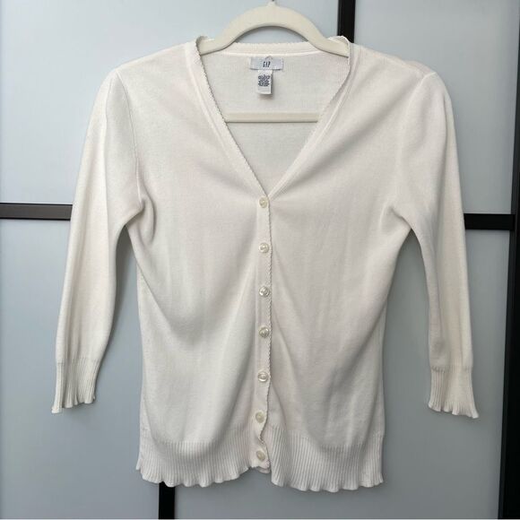 [xs/s] GAP Women’s White Ribbed Knit 100% Cotton Button Down 90s Baby Cardigan - Picture 3 of 15